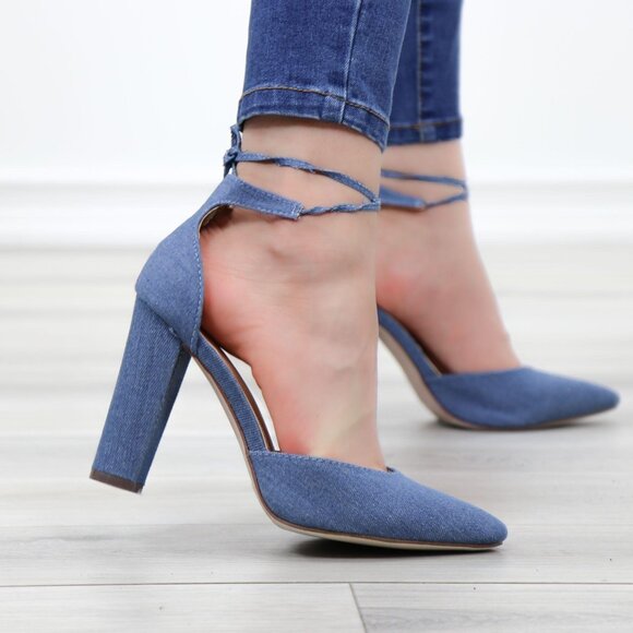 Denim Block Heel Pumps Pointed Toe Wraparound Ankle Tie High Heel - Picture 8 of 12